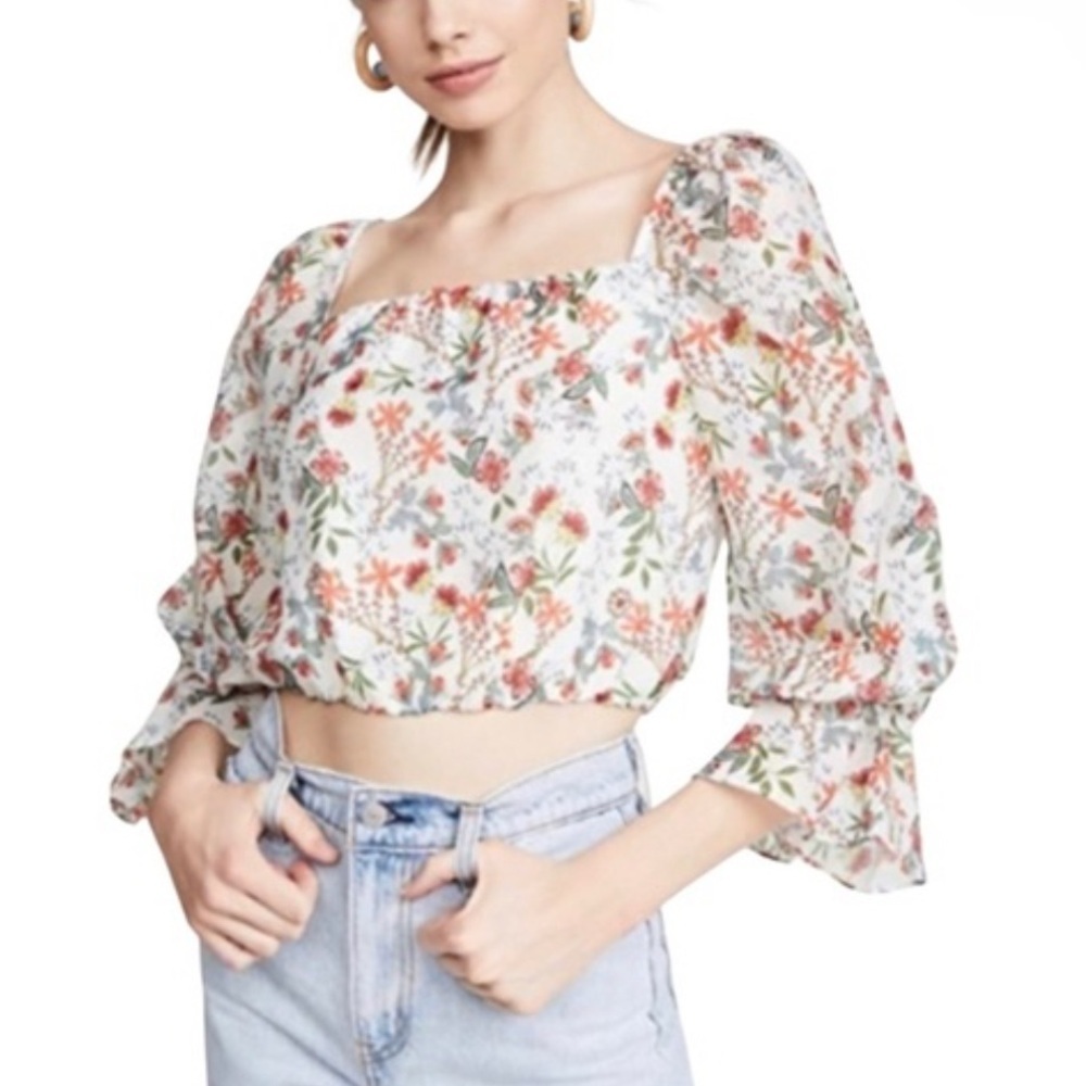 Alice + Olivia  Deb square neckline floral crop top blouse silk blend